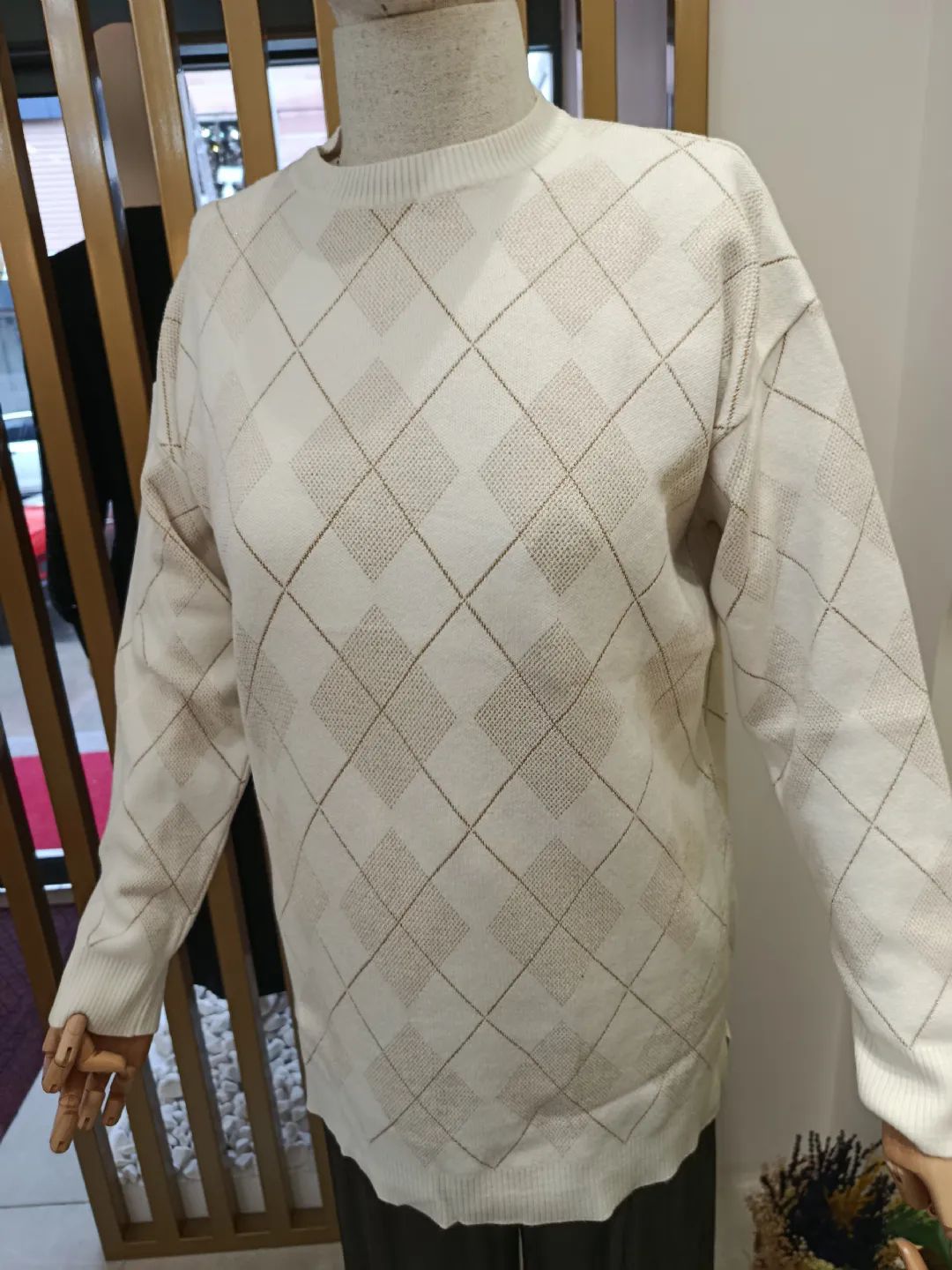 Baklava Desenli Triko Tunik Ekru