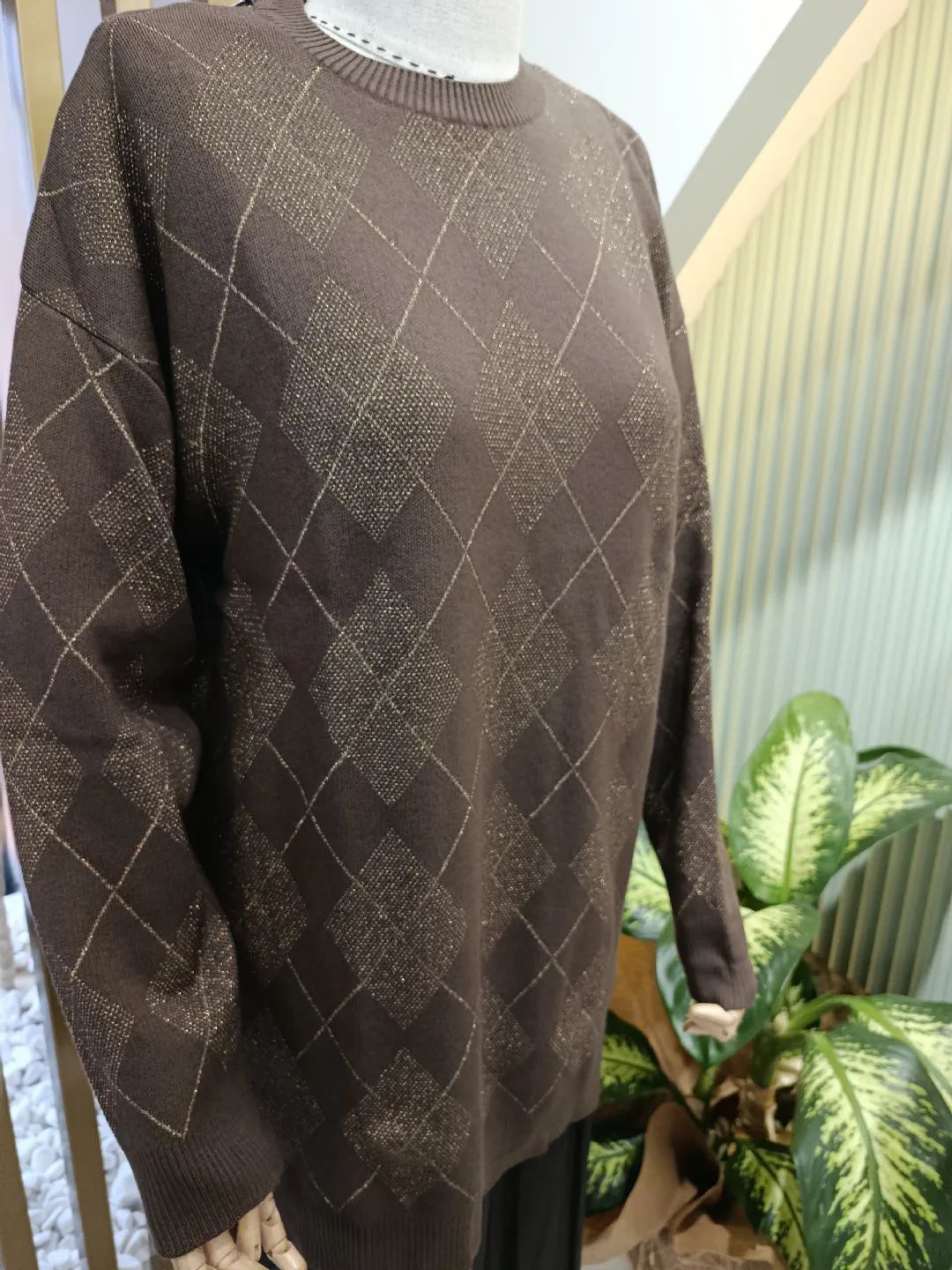 Baklava Desenli Triko Tunik Kahve