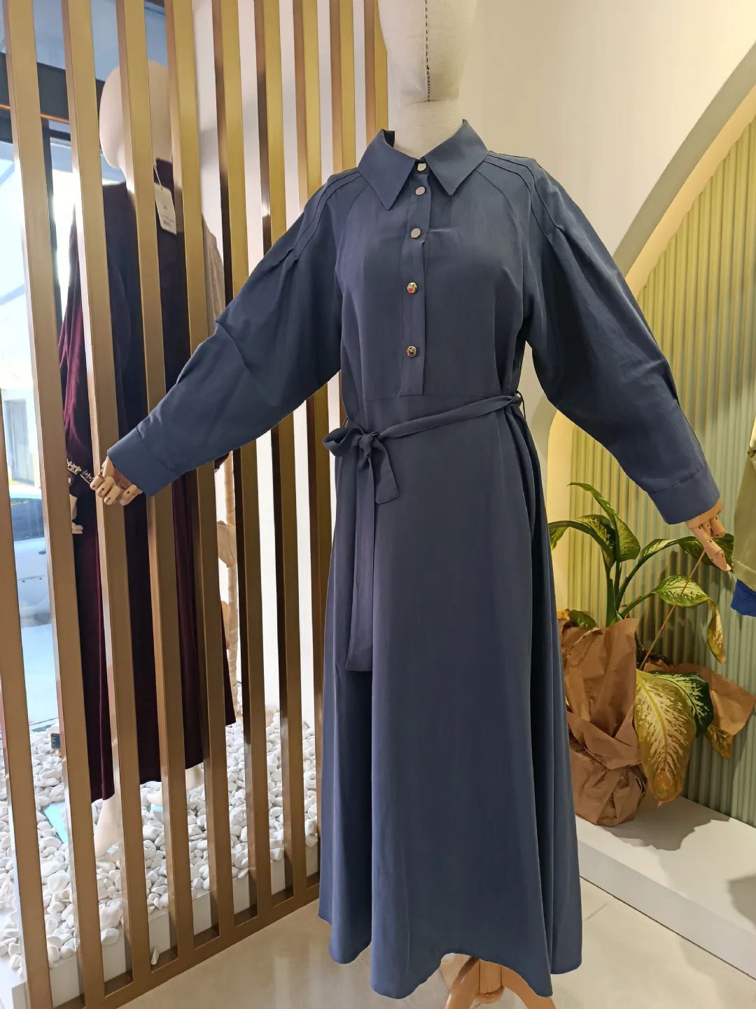Beli Ba�lamal� Elbise Mavi