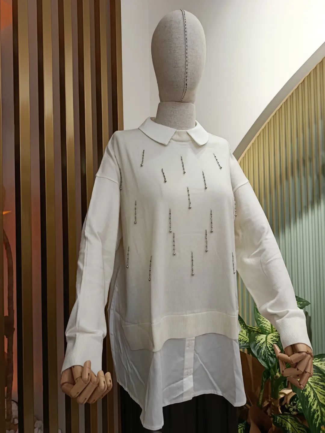 Boncuk ��lemeli G�mlek Detayl� Tunik Ekru