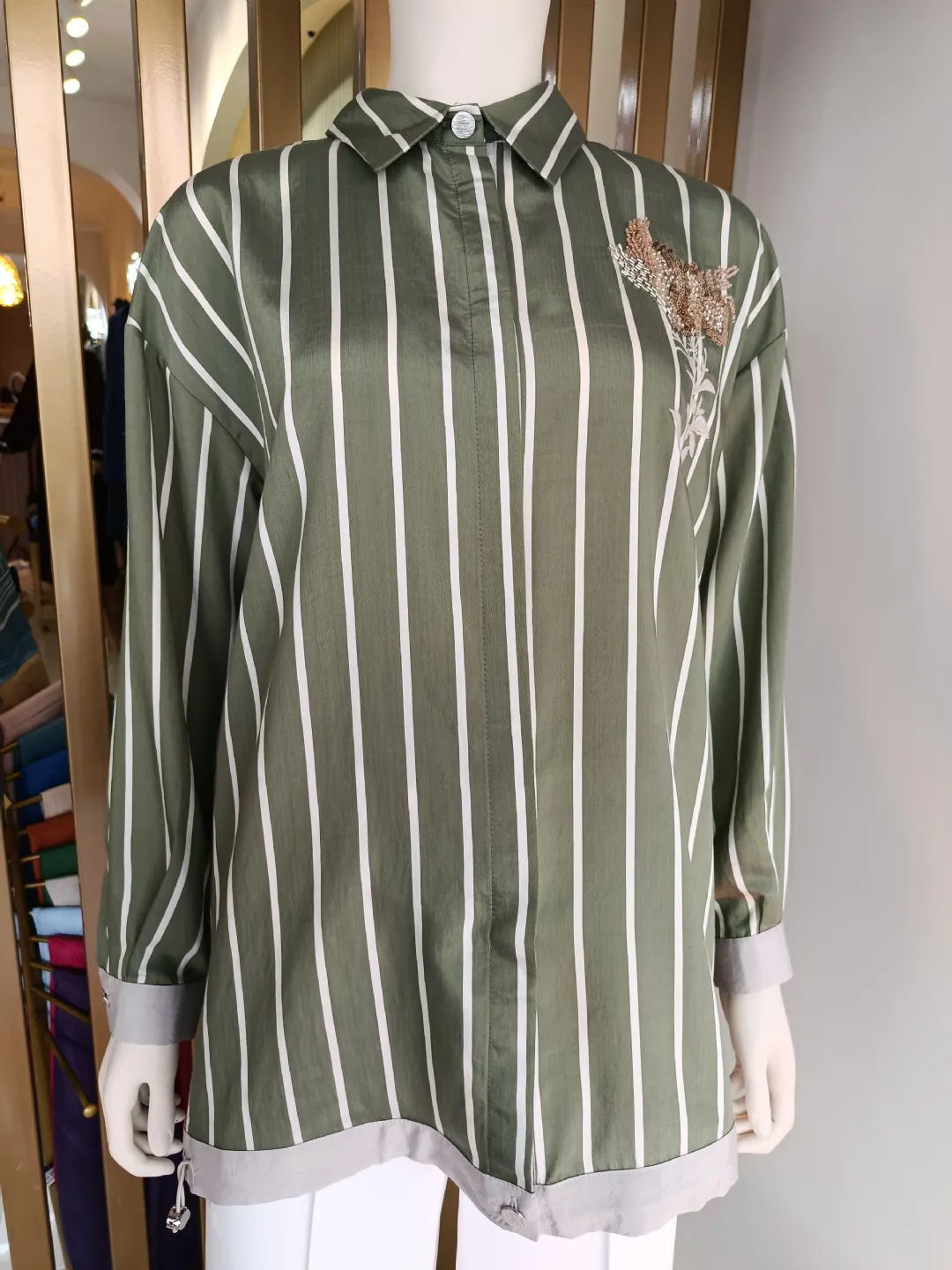 Boncuklu Nak�� Detayl� �izgili G�mlek Ye�il