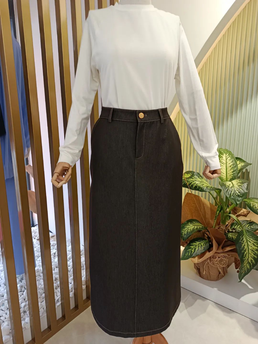 Denim-Gorunumlu-Etek-Kahverengi