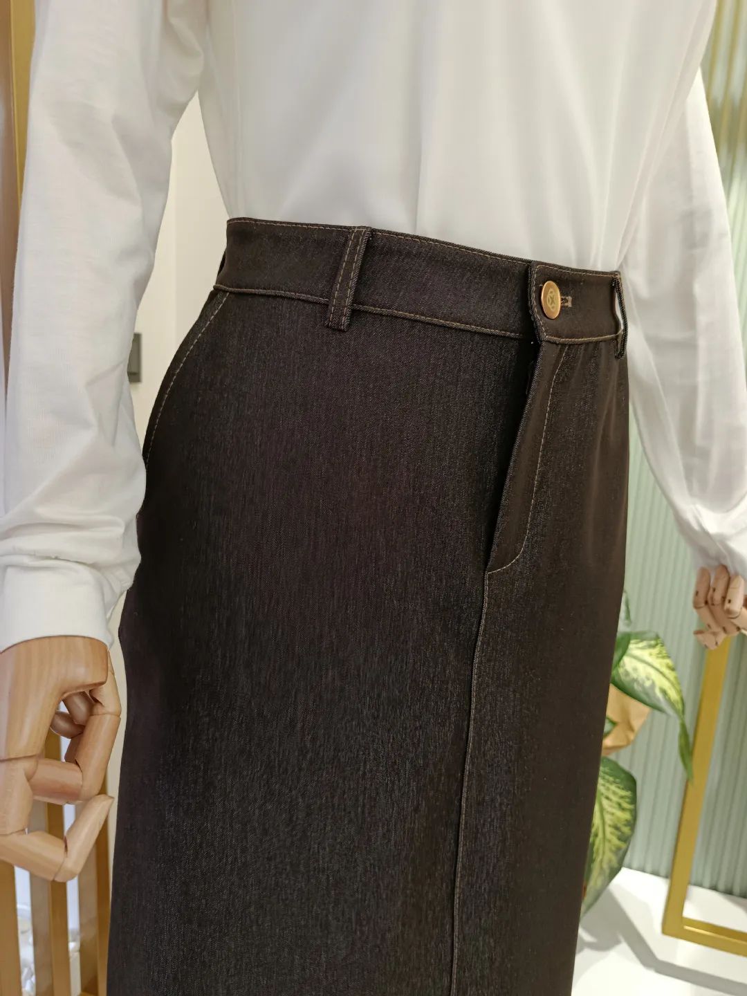 Denim-Gorunumlu-Etek-Kahverengi