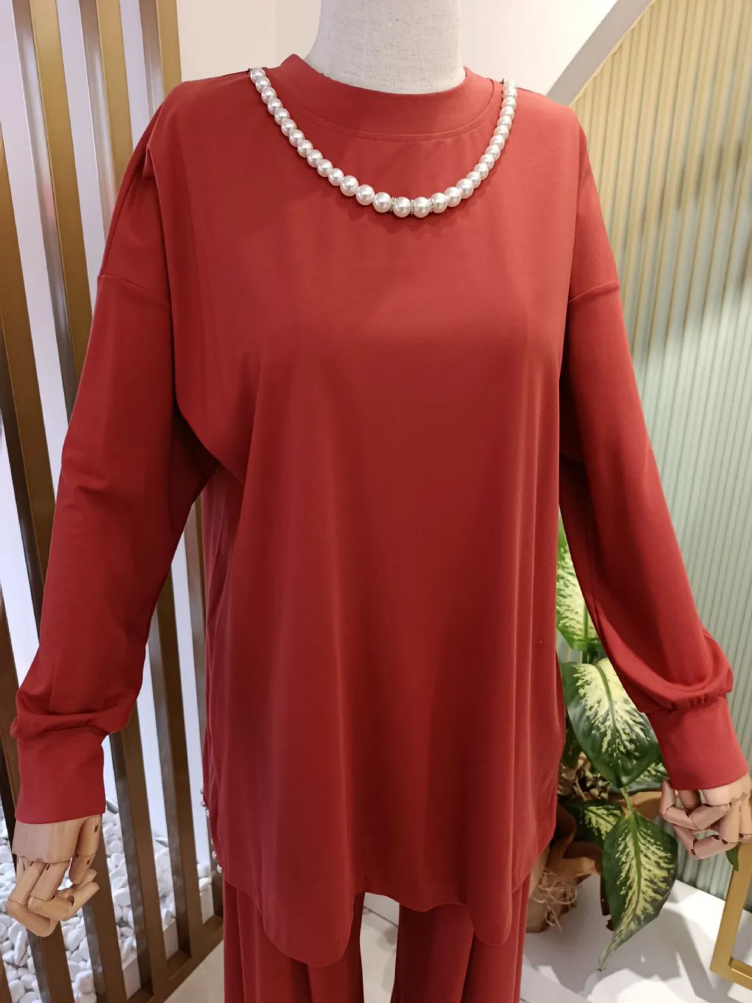 �nci Detayl� Tunik Pantolon Tak�m Kiremit