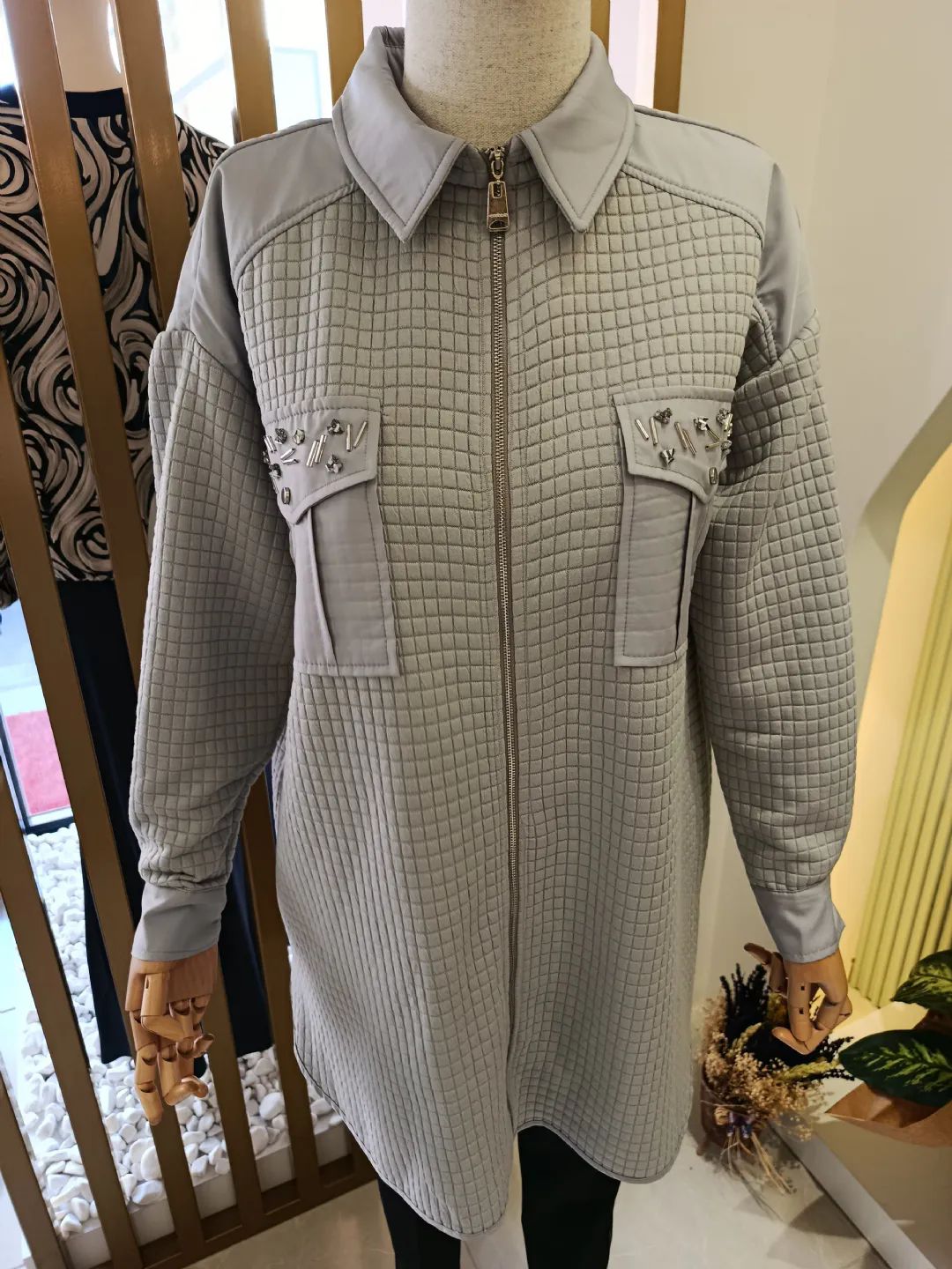 Kapitone Detayl� G�mlek Gri