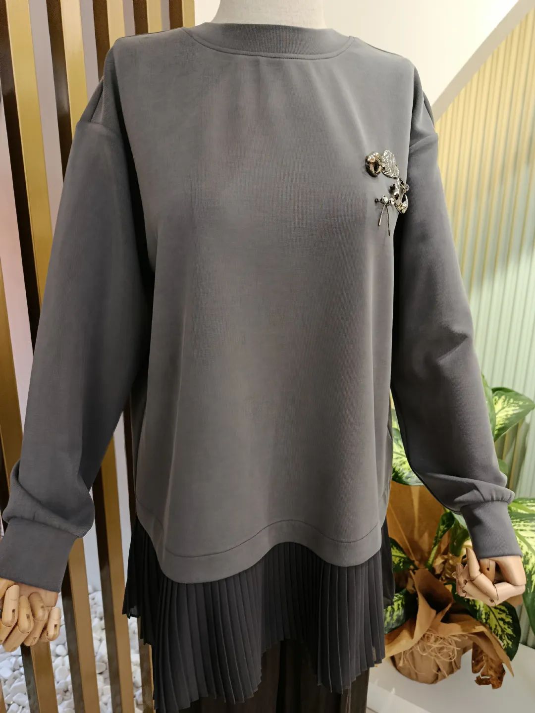 Plise Detayl� Aksesuarl� Tunik Antrasit