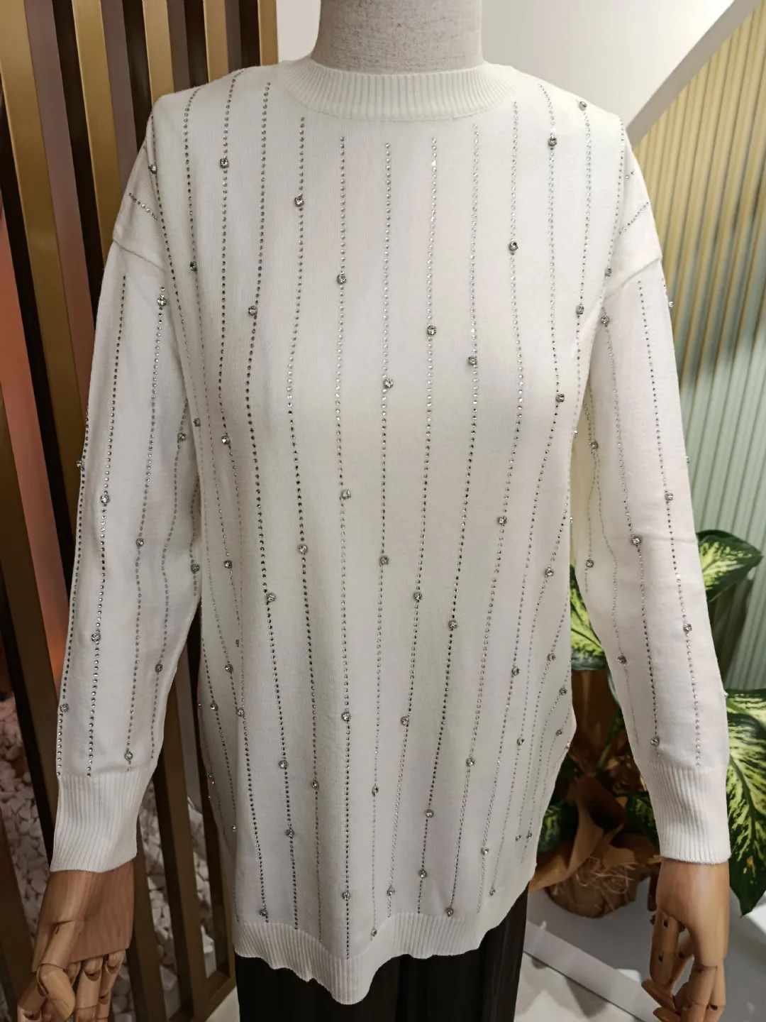 Suyolu Ta� Bask�l� Triko Tunik Ekru